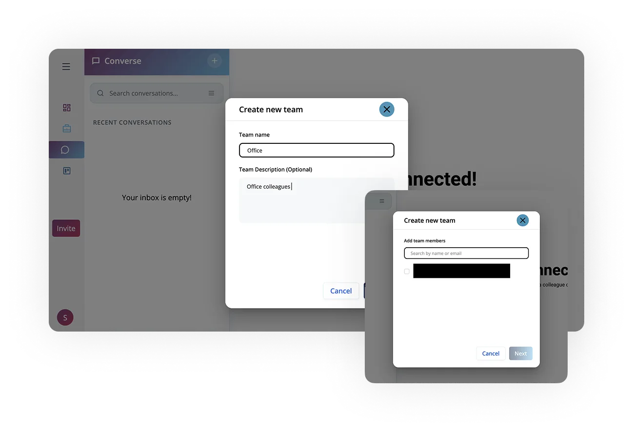 Create new team interface in Converse by ORO AI, featuring team name input, description field, and member addition prompt, emphasizing streamlined team onboarding and collaboration.