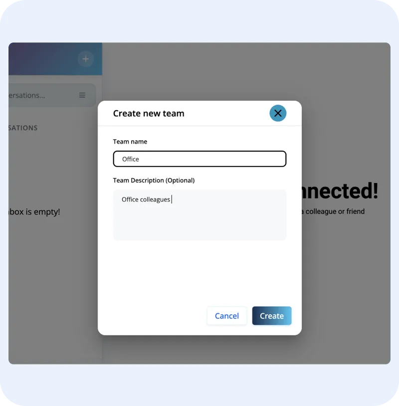 Create new team dialog in ORO AI's Converse platform, featuring fields for team name and optional description, emphasizing team collaboration and communication.