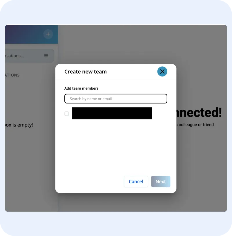 Create new team interface in ORO AI's Converse platform, featuring a search bar for adding team members, with a blue background and a notification about being connected.