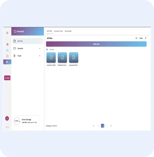 Arsenal document management interface displaying file storage options, including PDFs and AI chatbot access for document insights.