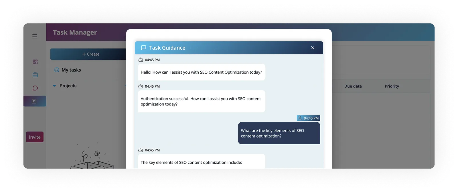 AI chatbot interface in task manager, displaying task guidance for SEO content optimization with user queries and responses.