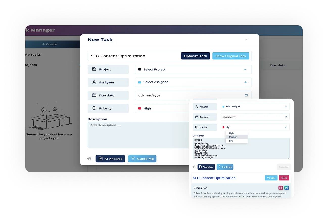AI task manager interface displaying task creation for "SEO Content Optimization" with fields for project selection, assignee, due date, priority, and description, highlighting features for intelligent task management.