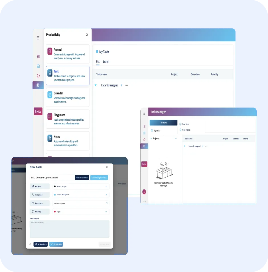 Screenshot of ORO AI's Task Manager interface showcasing productivity features, including task creation, project organization, and prioritization options, set against a blue background.