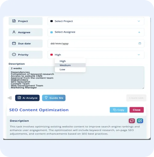 Task management interface displaying project details, assignee selection, due date input, priority dropdown, and task description for SEO content optimization in ORO AI's Task Manager.