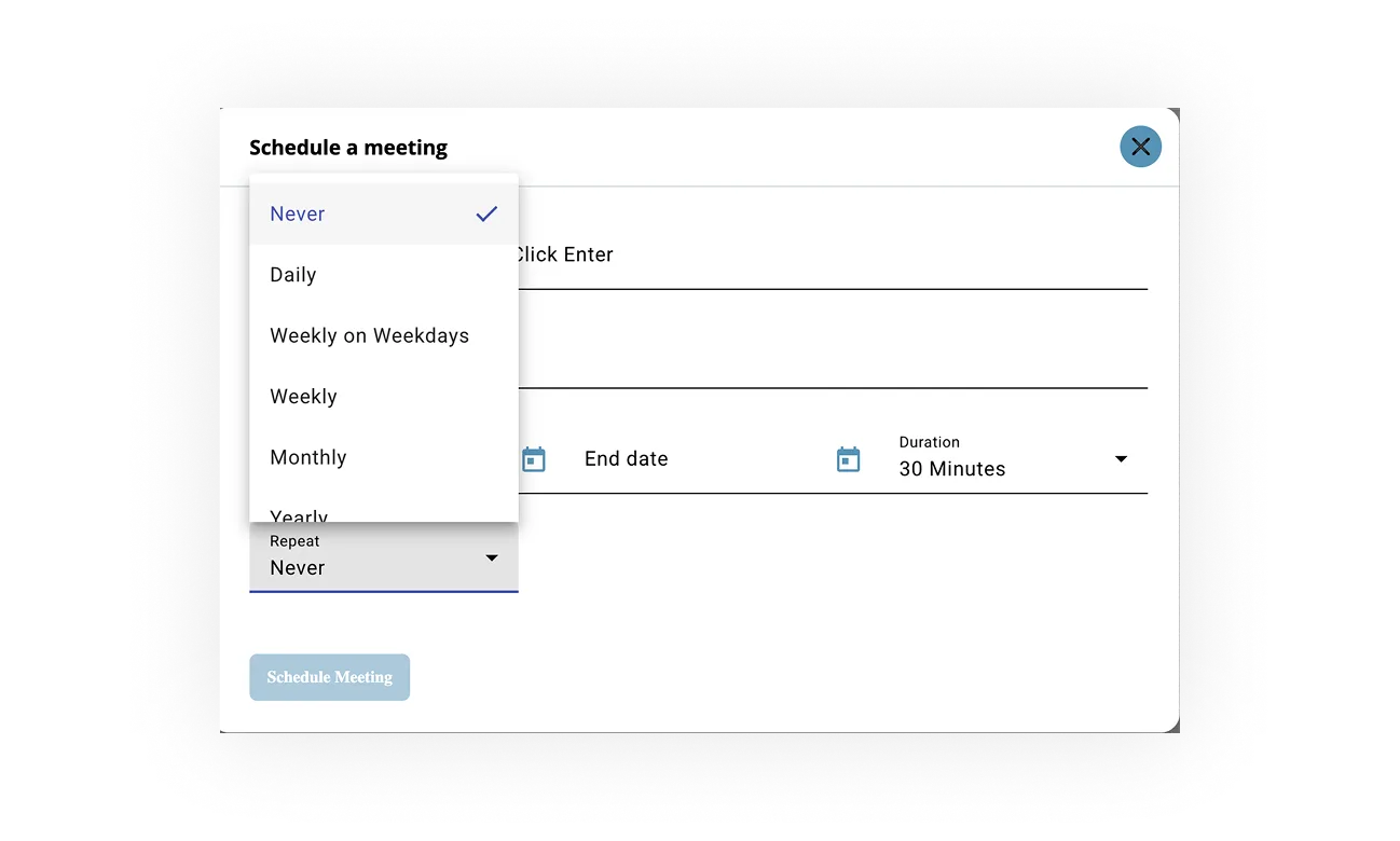 Schedule a meeting interface displaying options for meeting frequency, duration, and scheduling, relevant to ORO AI’s meeting management tool.
