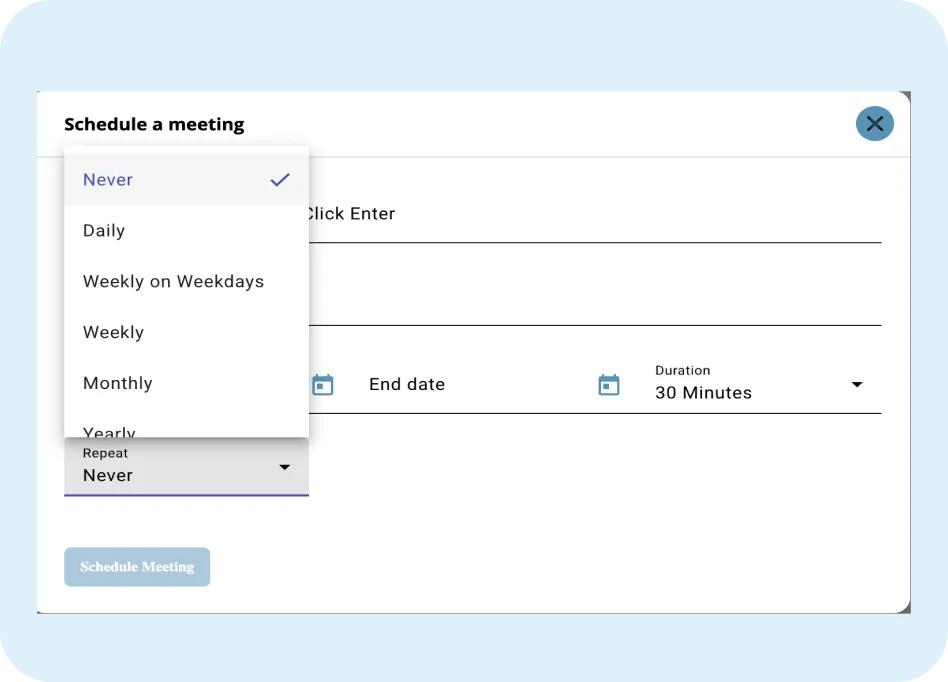 AI meeting scheduling interface showing options to set meeting frequency, including Never, Daily, Weekly, Monthly, and Yearly, with a duration setting of 30 minutes.