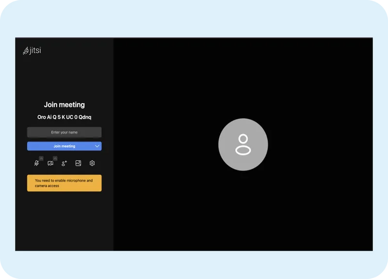 Join meeting interface for ORO AI's Meeting Manager, featuring user name entry, "Join meeting" button, and prompt for microphone and camera access.