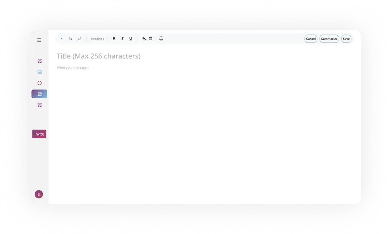 User interface of ORO AI's Notes app, featuring a blank note-taking space with options for title and content input, emphasizing organization and productivity