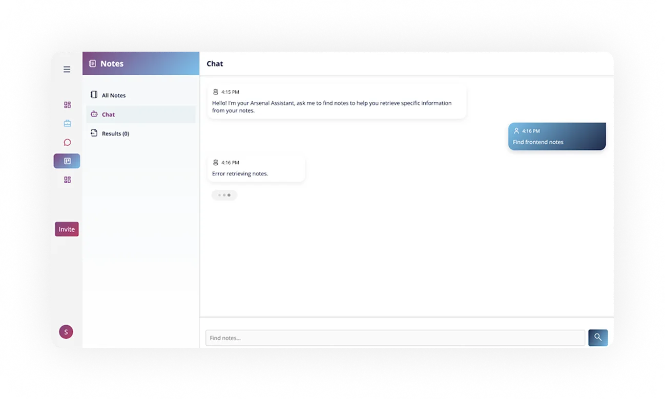Chat interface of ORO AI's Notes app displaying a conversation with the AI assistant, including prompts for retrieving notes and an error message.
