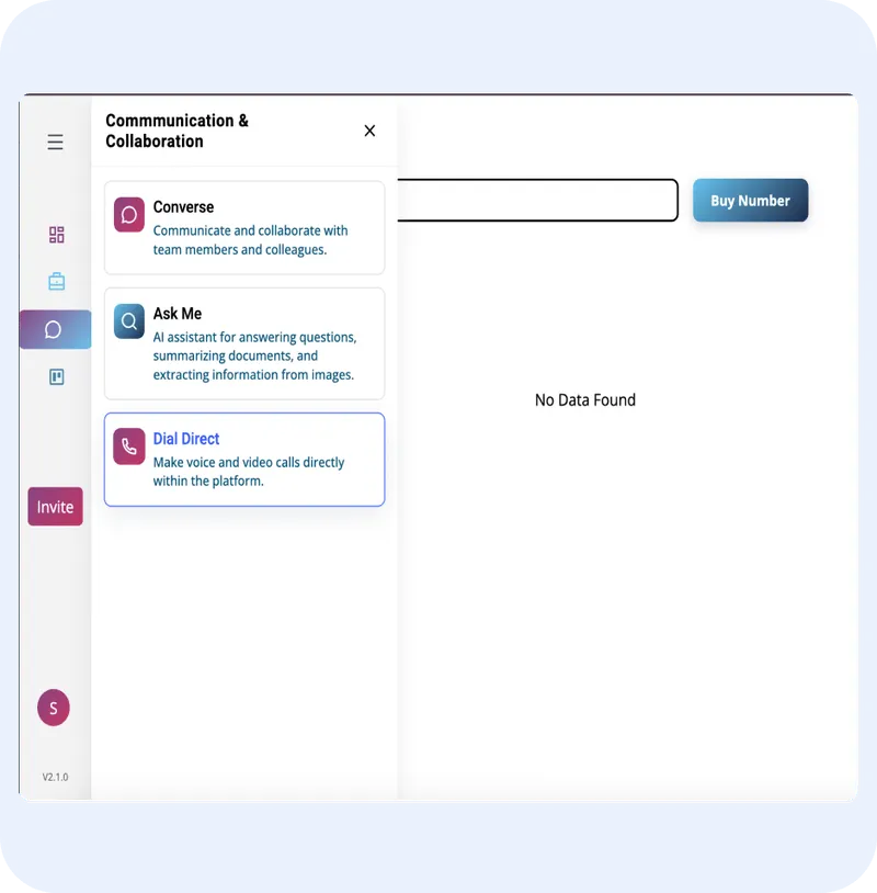 User interface of ORO AI’s Dial Direct feature, showcasing options for communication and collaboration, including a "Buy Number" button