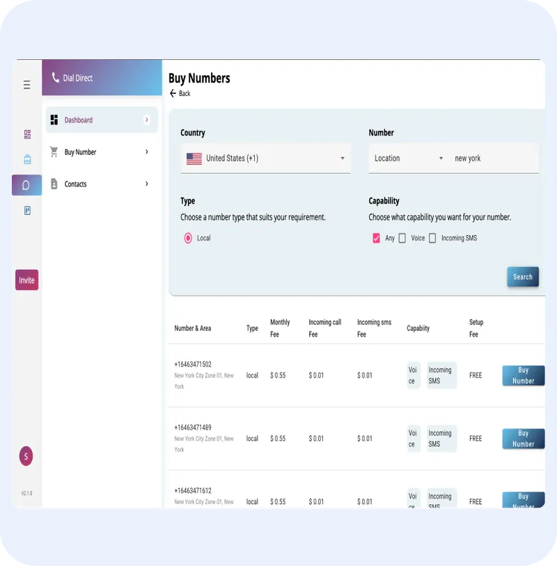 Dashboard interface for ORO AI's Dial Direct service, displaying options to buy virtual phone numbers in the United States, including location selection for New York and features for local numbers.