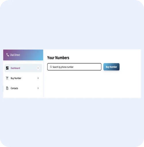 Dashboard interface of ORO AI's Dial Direct service, featuring options to buy a virtual number and manage contacts, with a search bar for phone numbers.