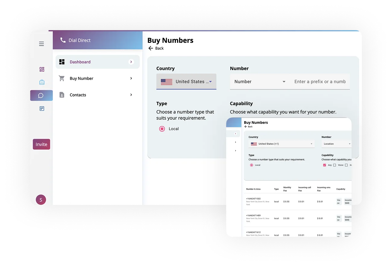 Dashboard interface of Dial Direct service by ORO AI, displaying options to buy virtual phone numbers, select country and type, and view capabilities for local and voice features.