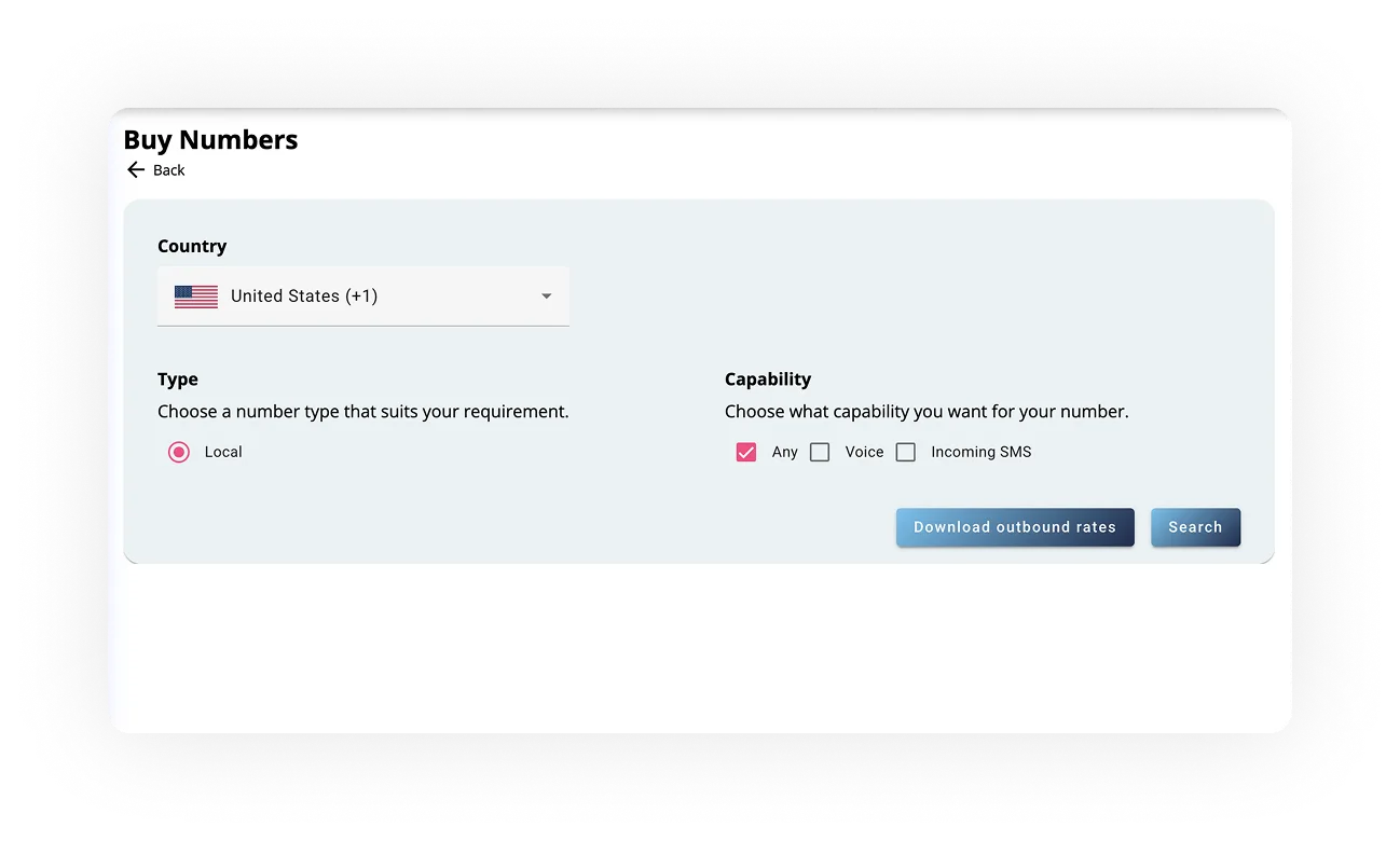 User interface for purchasing virtual phone numbers on ORO AI's Dial Direct platform, featuring options for country selection, number type, and capabilities such as voice and SMS