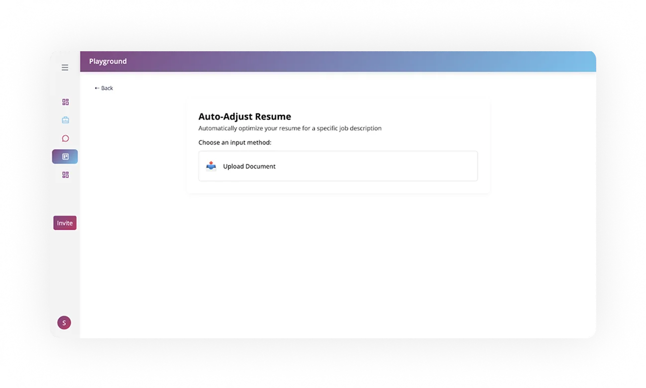 Auto-adjust resume feature interface from ORO AI’s Career Playground, showcasing document upload option for resume optimization tailored to job descriptions.