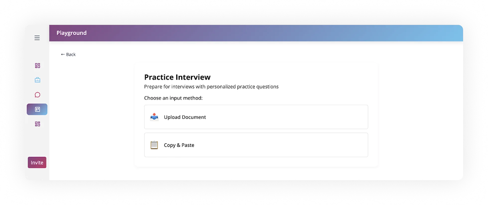 Interface screenshot of ORO AI's Practice Interview feature, showcasing input options for uploading documents or copying and pasting text for personalized interview preparation.