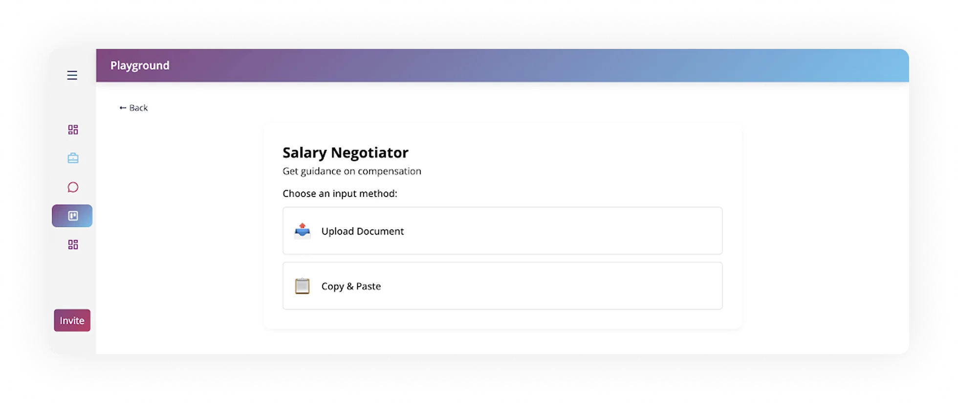 Salary negotiator interface with options to upload a document or copy and paste for compensation guidance, emphasizing ORO AI's career support tools.