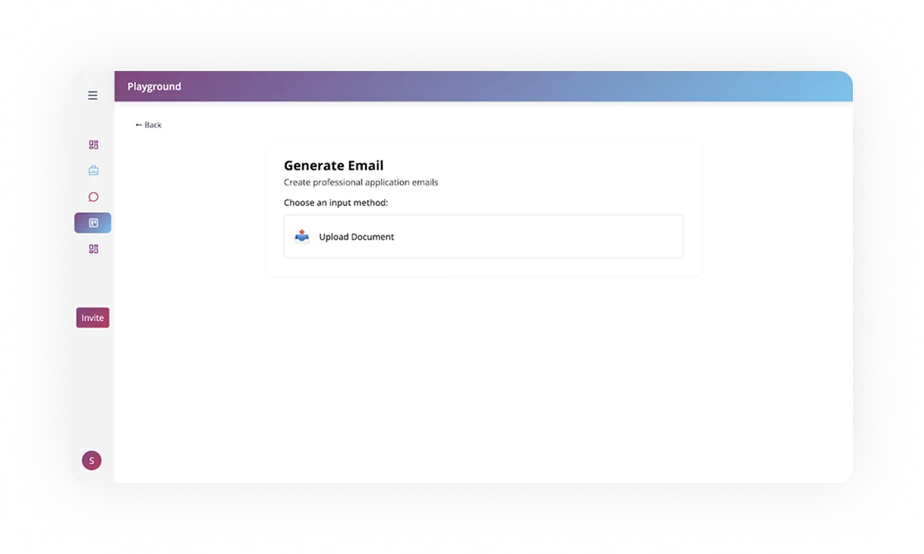 Professional email generation interface from ORO AI, featuring options to upload documents for creating job application emails.
