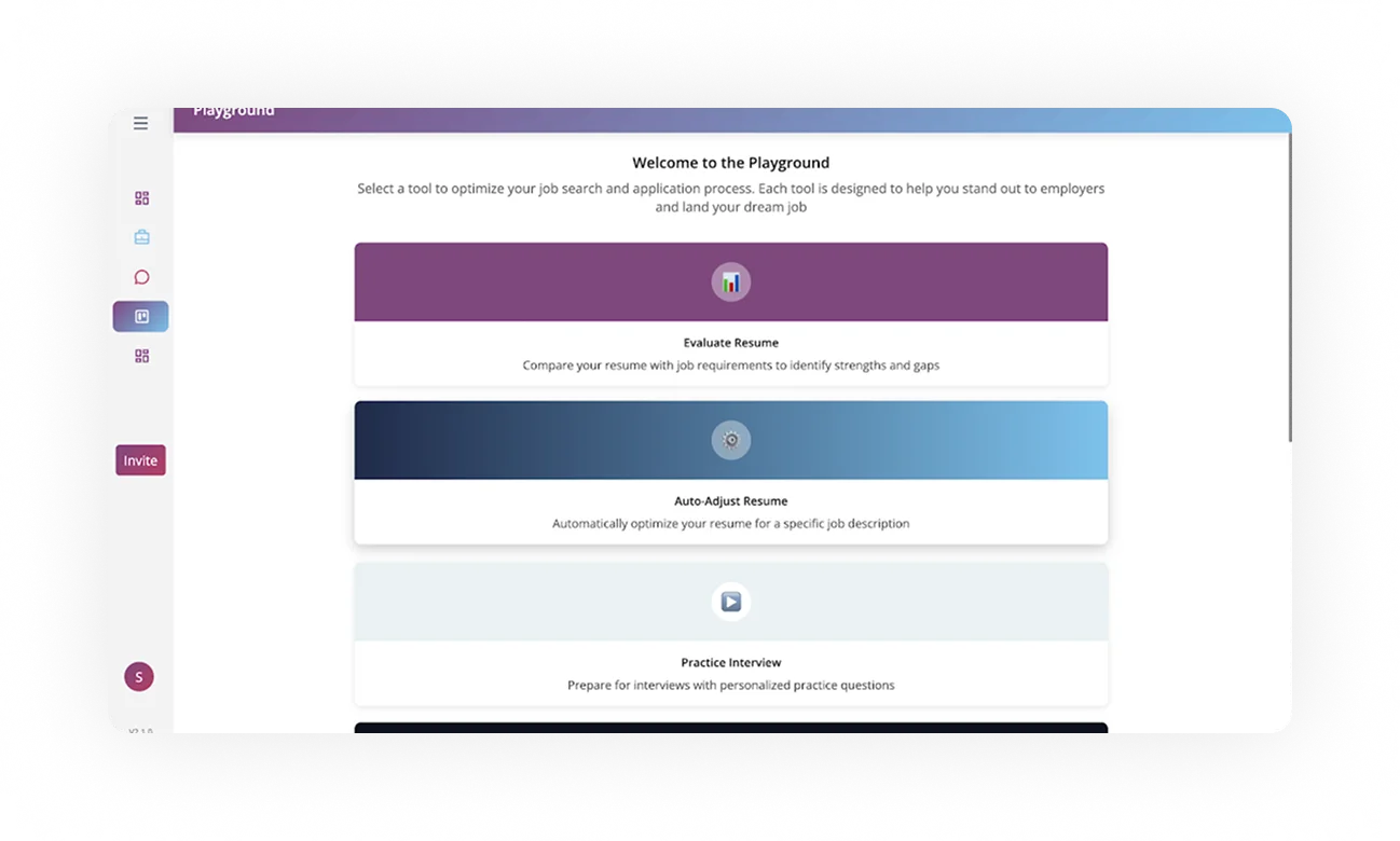 Welcome to the Playground interface of ORO AI, featuring tools for resume evaluation, auto-adjustment, and interview preparation.