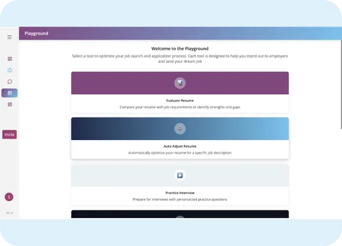 Welcome to the Playground interface of ORO AI, featuring tools for resume evaluation, auto-adjustment, and interview preparation.