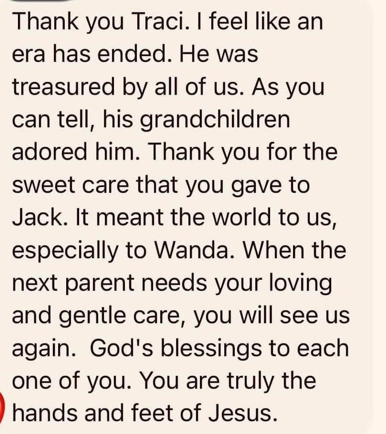 Text message expressing gratitude to Traci for caring for Jack, mentioning his grandchildren adored him, and offering blessings.