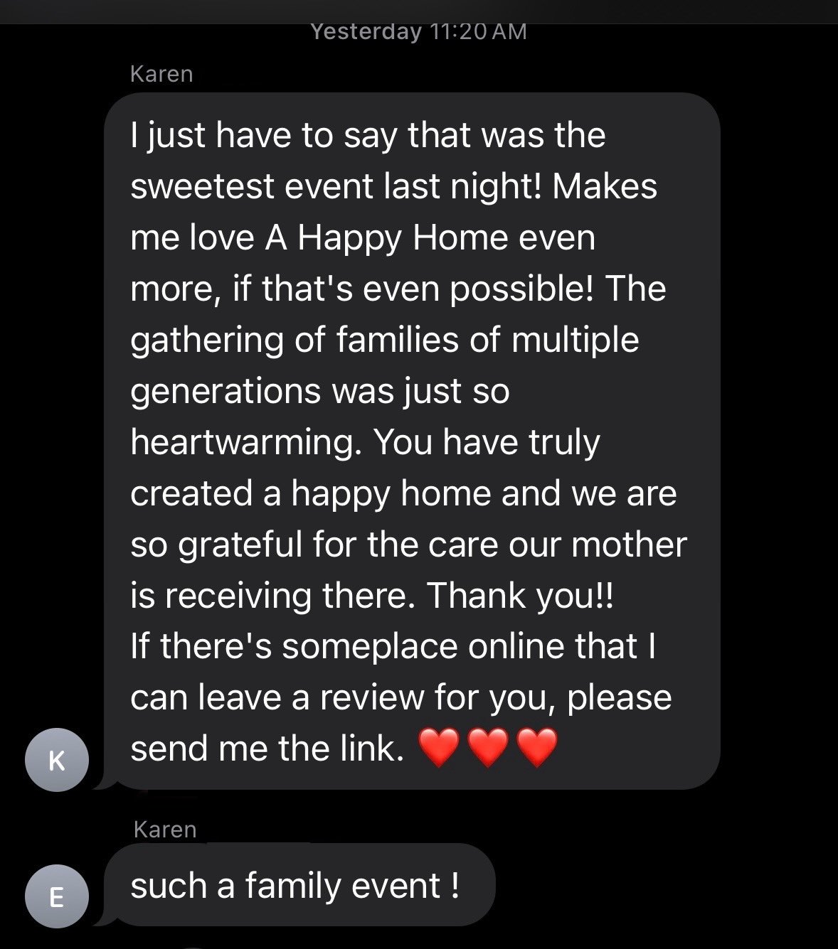Text messages expressing gratitude for a heartwarming family event at A Happy Home and requesting a review link.