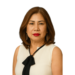 Portrait of a middle-aged woman with medium-length brown hair wearing a white sleeveless top with a black bow tie detail.