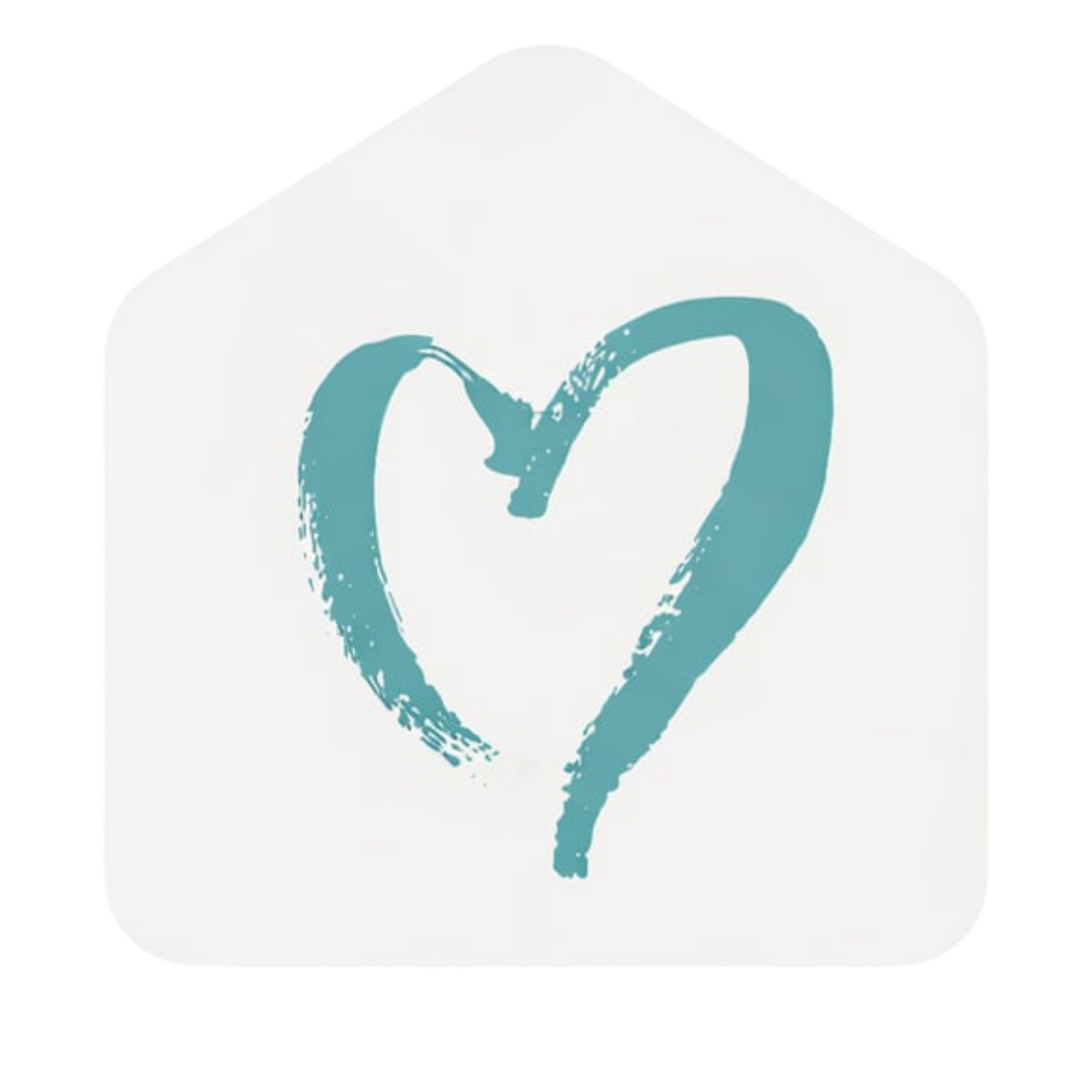 Blue brushstroke heart inside a rounded pentagon shape with a white background.