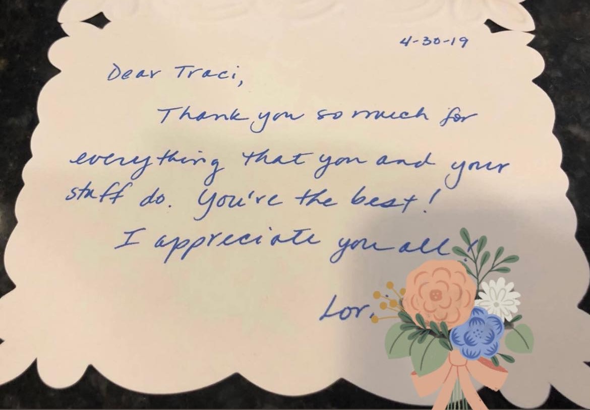 Handwritten thank you note dated 4-30-19 on scalloped paper with floral illustration, expressing gratitude to Traci and staff.