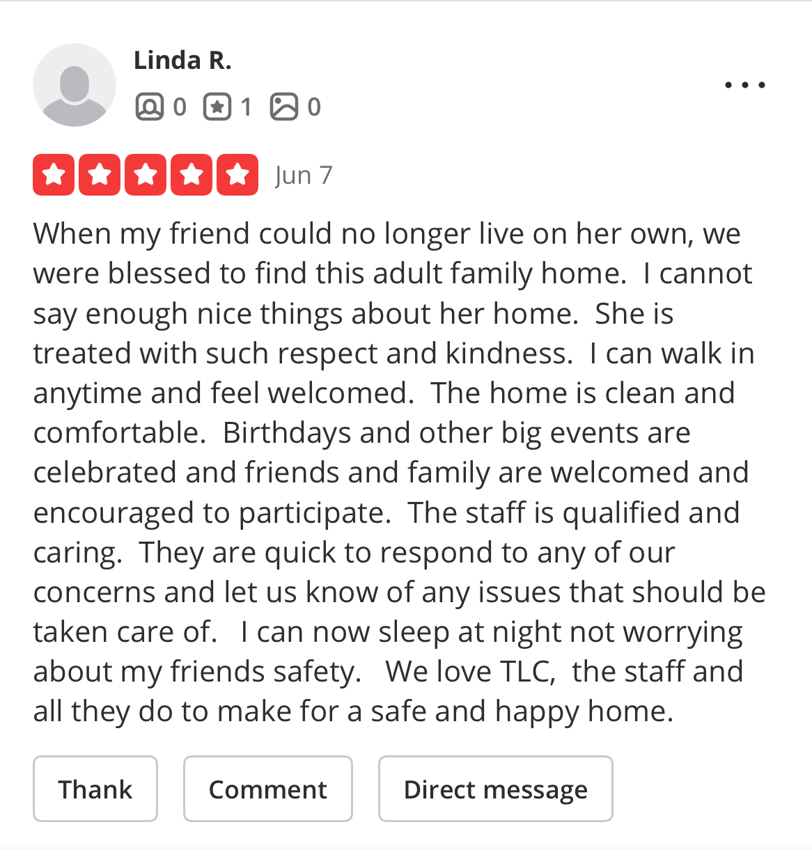 Five-star review by Linda R. praising an adult family home for its respectful staff, clean environment, and welcoming atmosphere.
