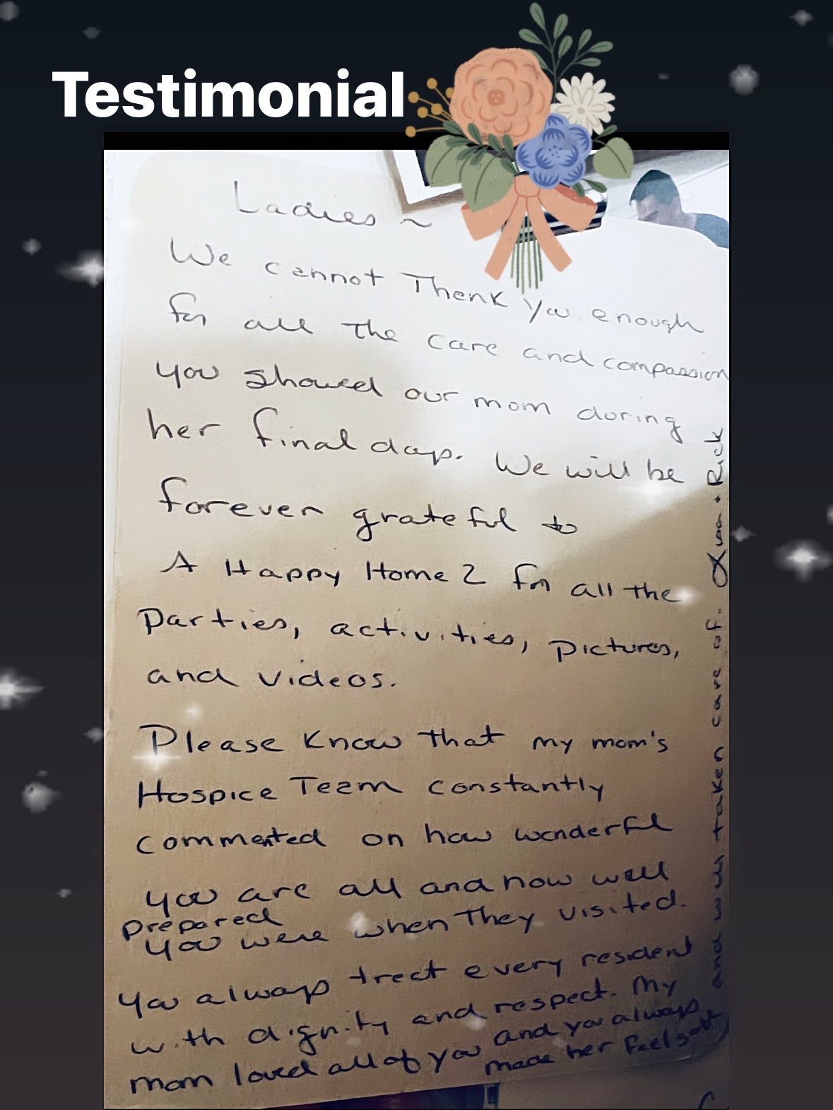 Handwritten testimonial letter expressing gratitude for care and compassion shown to the author's mother during her final days.