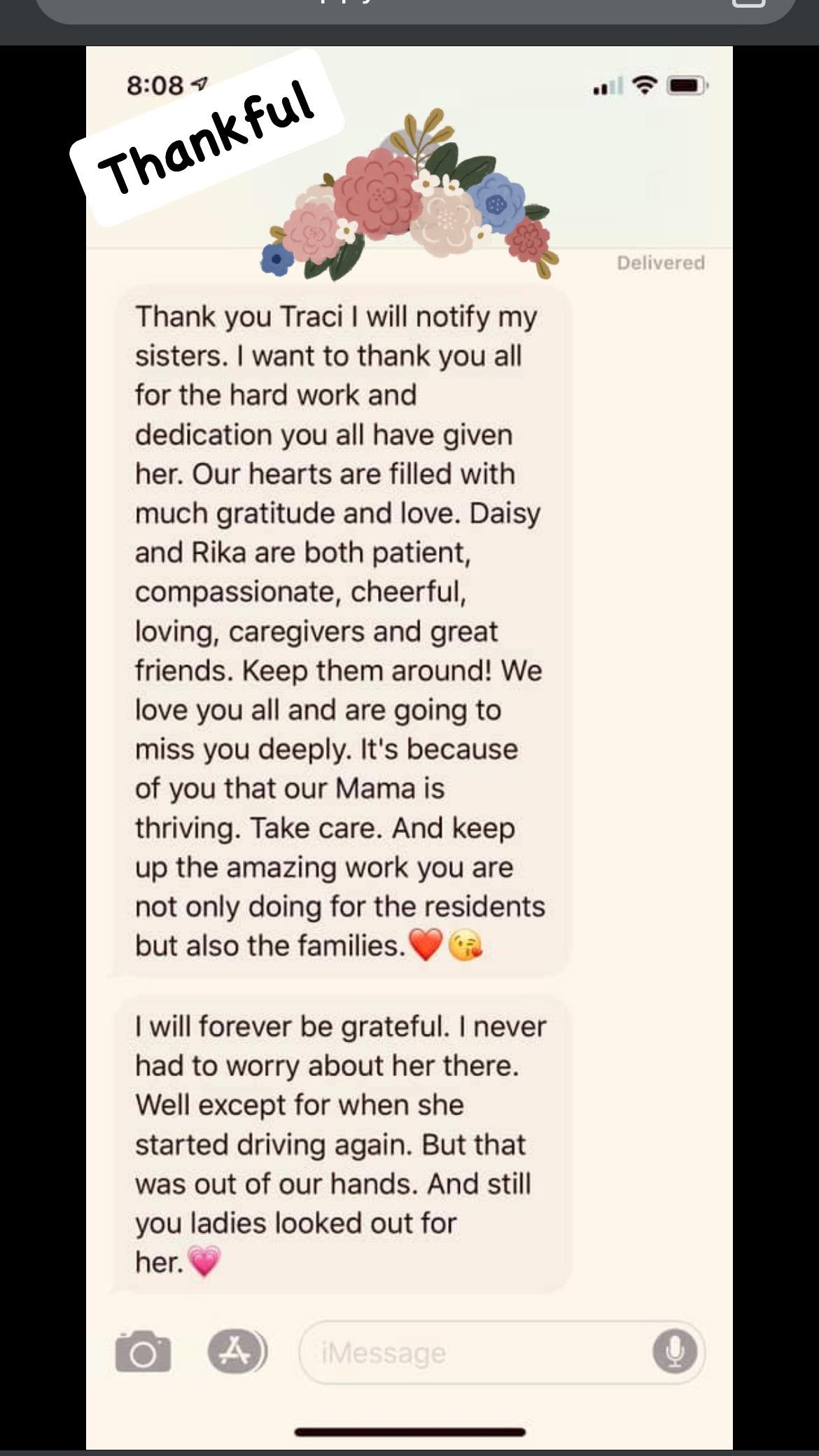 Screenshot of a thankful text message praising caregivers Daisy and Rika for their patience, compassion, and dedication in caring for a mother, highlighting their positive impact on both residents and families.