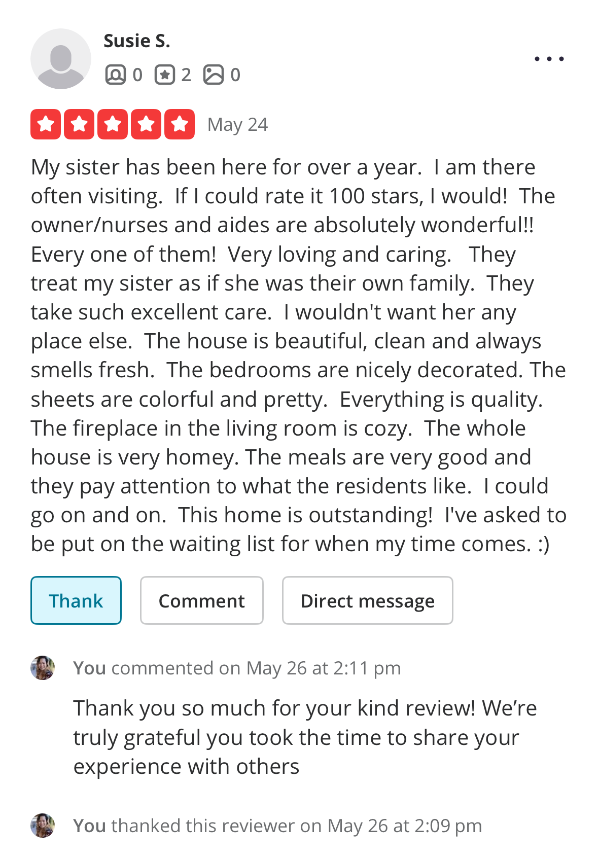 Five-star review by Susie S. praising the caring staff, clean home, good meals, and overall outstanding care at a residence for her sister.