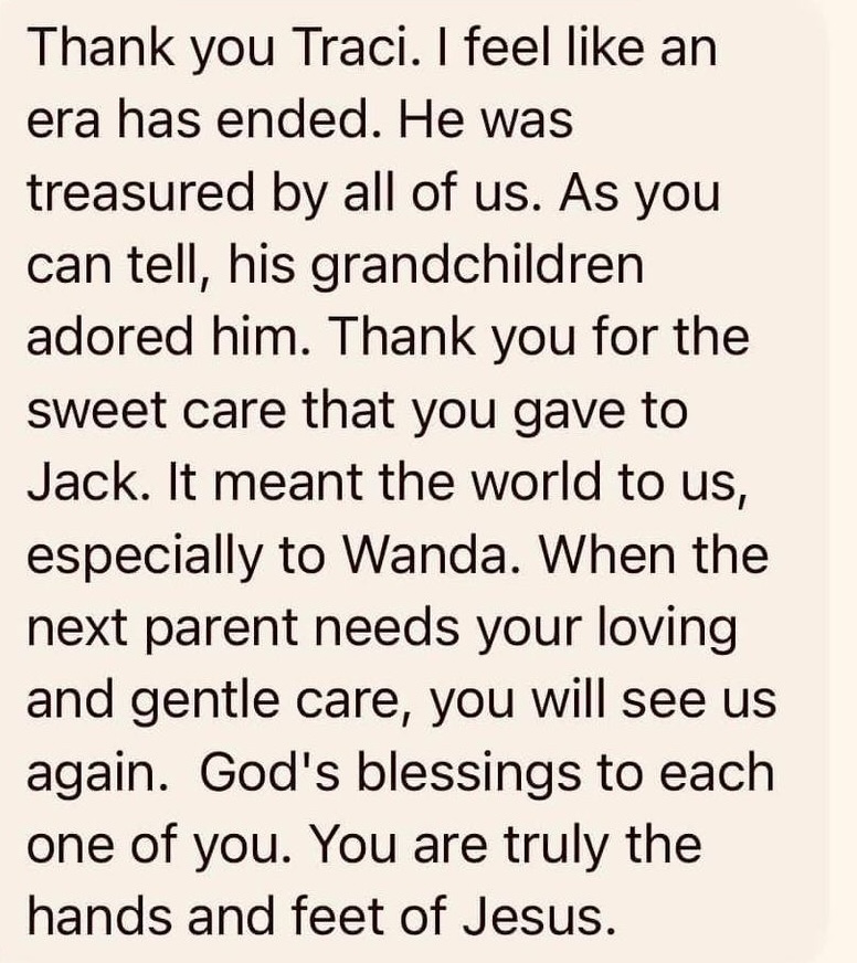 Text expressing gratitude to Traci for her loving care of Jack, mentioning his grandchildren, Wanda, and a blessing invoking Jesus.