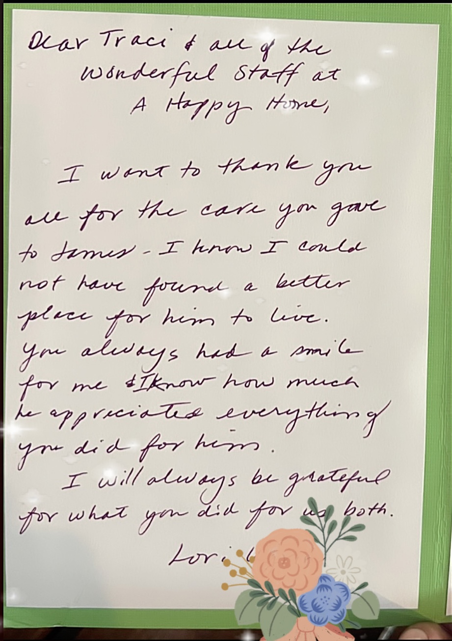 Handwritten thank you note expressing gratitude to Traci and staff at A Happy Home for caring for James with kindness and appreciation.