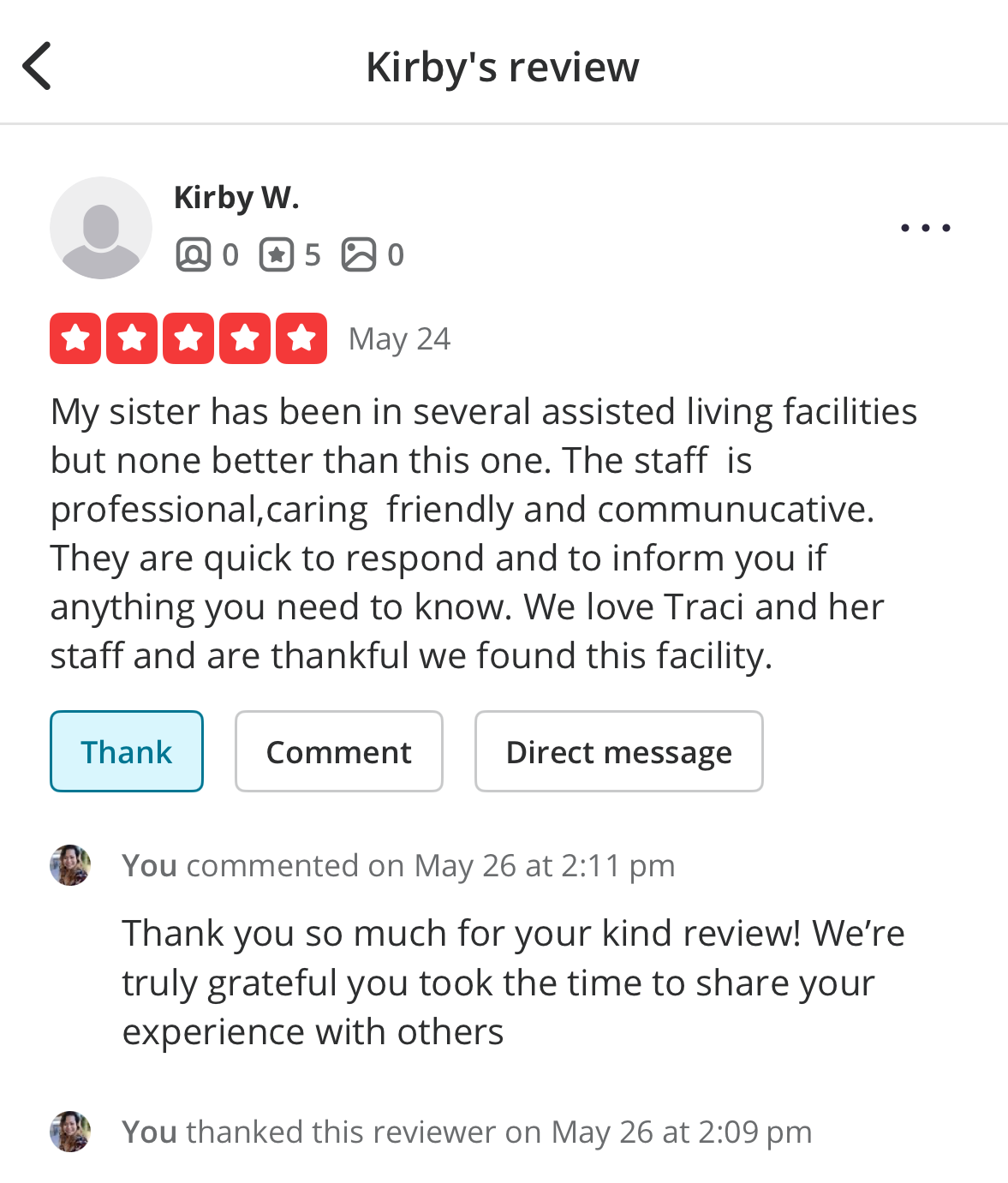 Five-star review by Kirby W. praising the assisted living facility's professional, caring, and communicative staff with a thank you response from the facility.