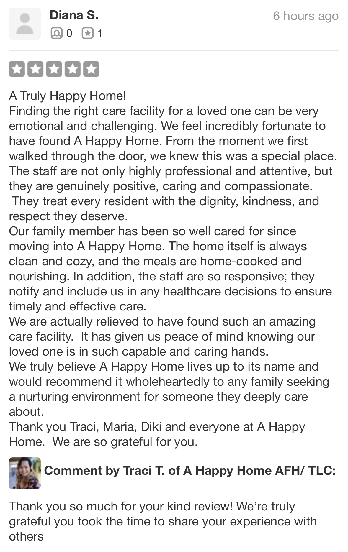 Online review by Diana S. giving five stars, praising A Happy Home care facility for professional, caring staff, cozy environment, and responsive care, followed by a comment from Traci T. thanking her.