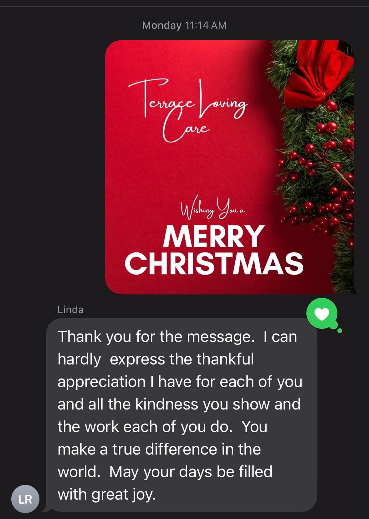 Text message conversation showing a Christmas greeting card from Terrace Loving Care with a wreath and red bow on a red background, followed by a thank you message from Linda expressing appreciation and joy.