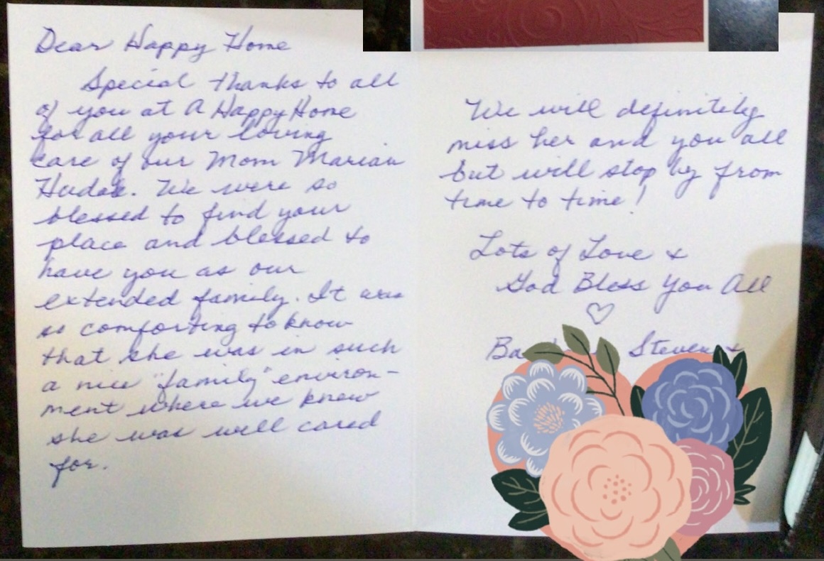 Handwritten thank-you card expressing gratitude for care of a mother named Marian Hadar, mentioning comfort in the family environment and love from Barbara and Steven.