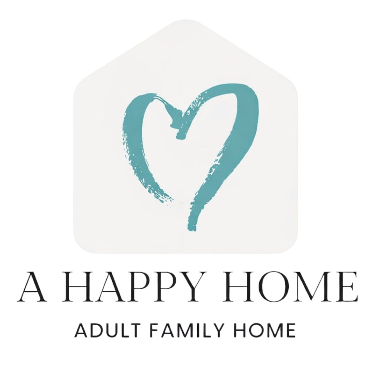 Logo of A Happy Home Adult Family Home featuring a house shape with a blue heart inside.