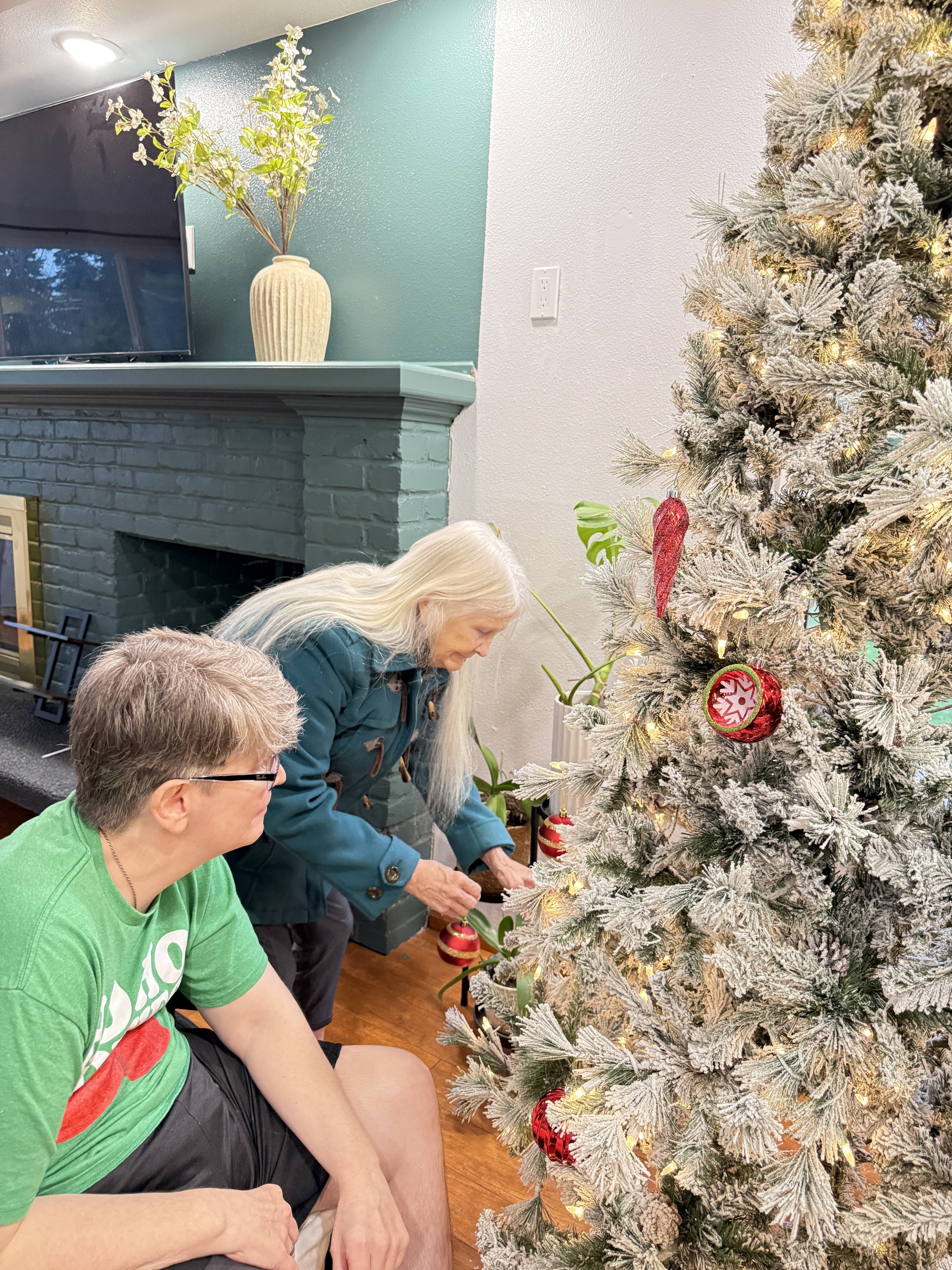 Two people decorating a lit, snow-frosted Christmas tree with red ornaments in a living room with teal fireplace and a vase of flowers.