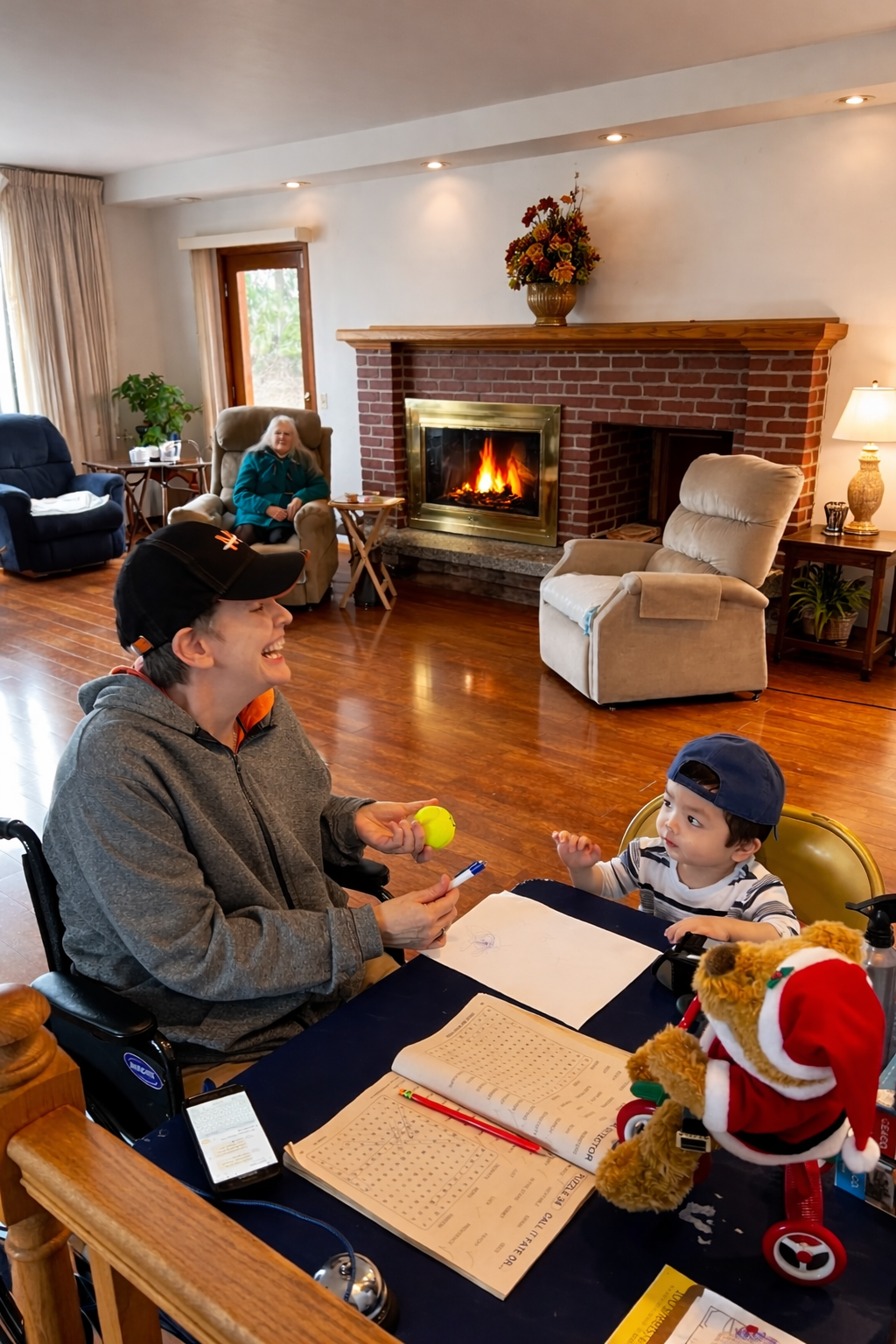 Person in a wheelchair smiling and holding a ball and pen, interacting with a young child seated at a table with puzzles and a teddy bear wearing a Santa outfit, in a cozy living room with a fireplace and armchairs.