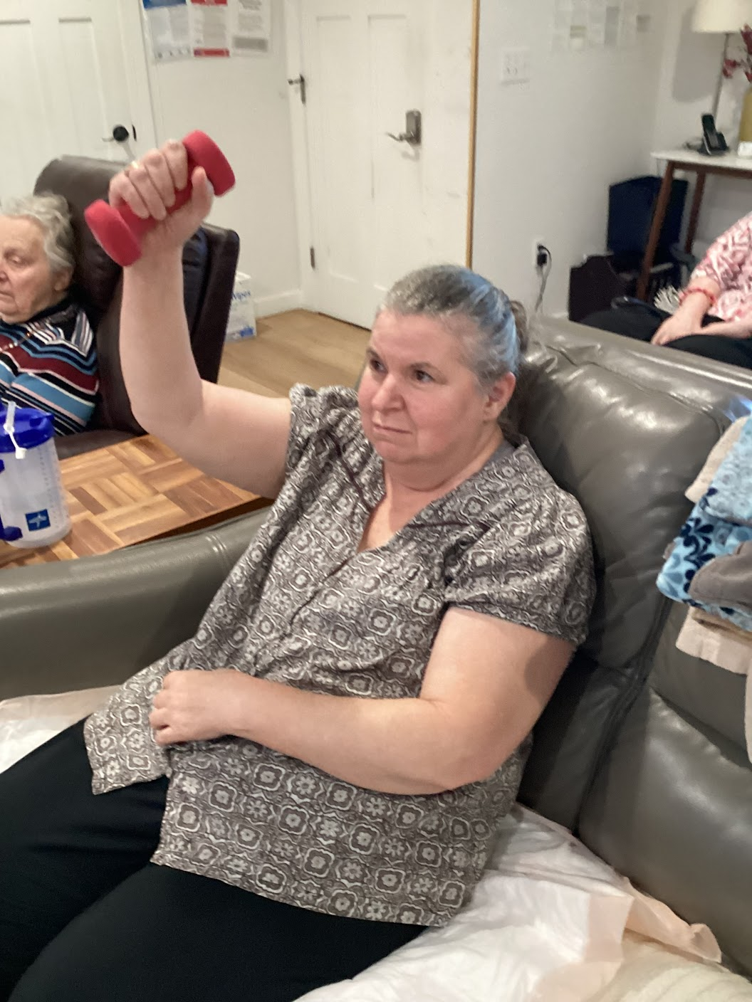 A woman sitting on a couch lifting a small red dumbbell in her right hand during an arm exercise.