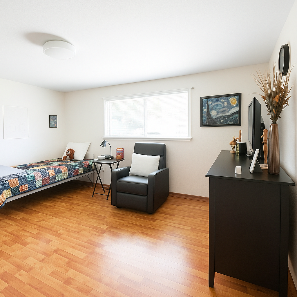 Minimal bedroom with wooden floor, single bed with colorful quilt, black armchair, side table with lamp, and black dresser with TV and decorative items.