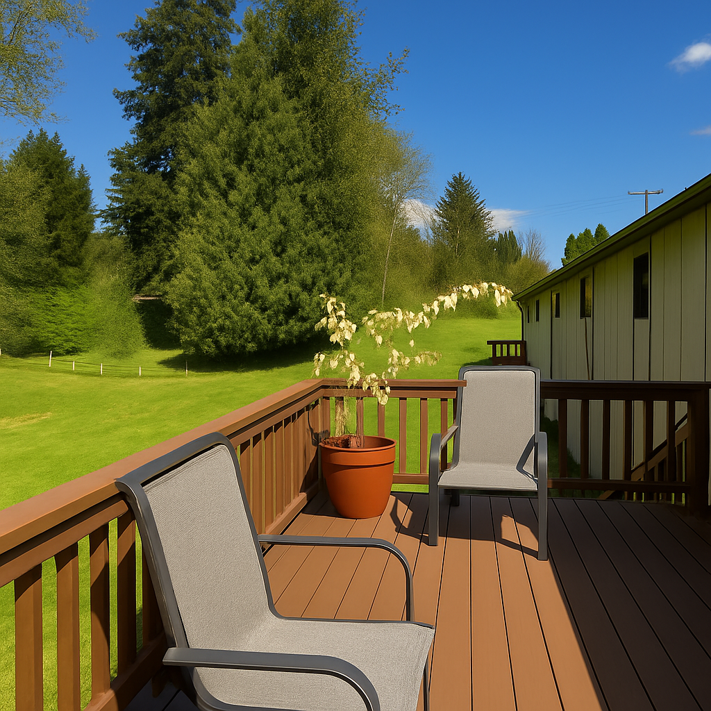 Wooden deck with two gray mesh chairs and a potted plant, overlooking a green lawn and tall trees under a clear blue sky.
