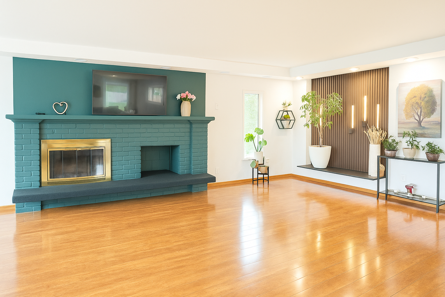 Spacious living room with teal brick fireplace, mounted TV, wooden floor, and decorative plants and artwork.