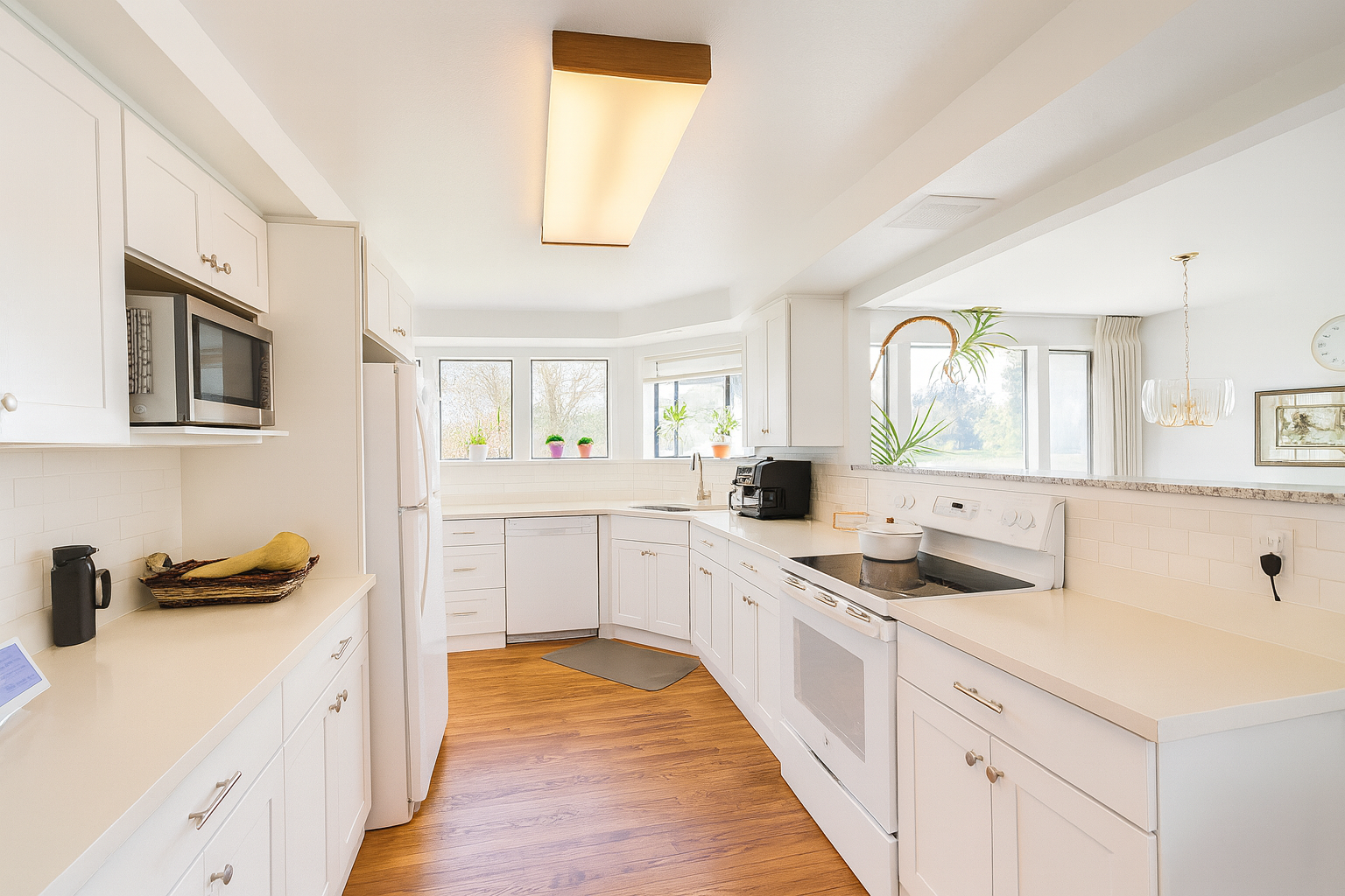 Bright modern kitchen with white cabinets, wooden floor, built-in microwave, stove, and refrigerator under a rectangular ceiling light.