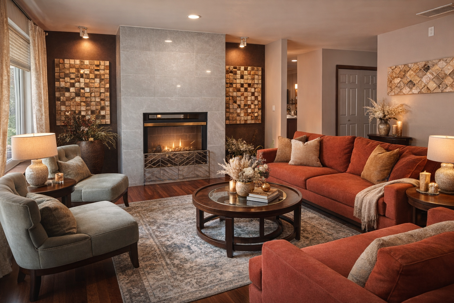 Cozy living room with a lit fireplace, rust-colored sofa, gray chairs, round wooden coffee table, and decorative wall art.