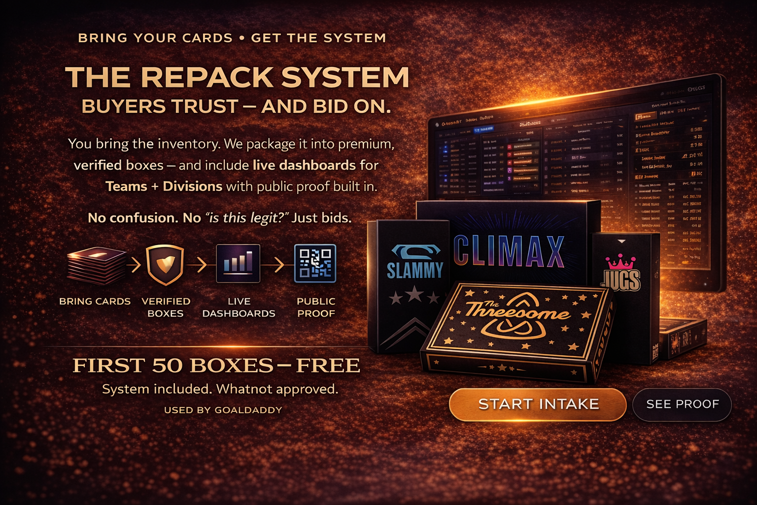 The Repack System — buyers trust and bid on. First 50 boxes free.