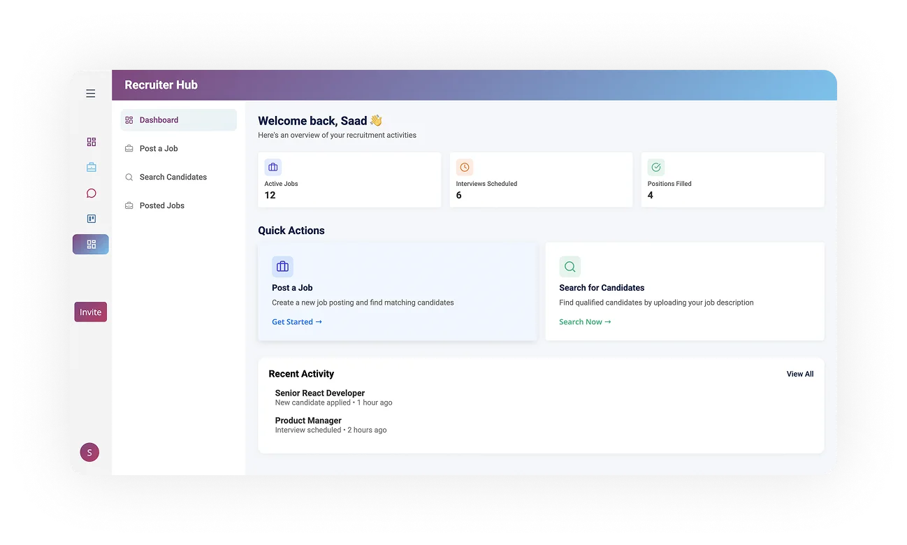 Dashboard interface of ORO AI Recruiter Hub displaying job postings, active jobs, interview statistics, and quick actions for posting jobs and searching candidates.